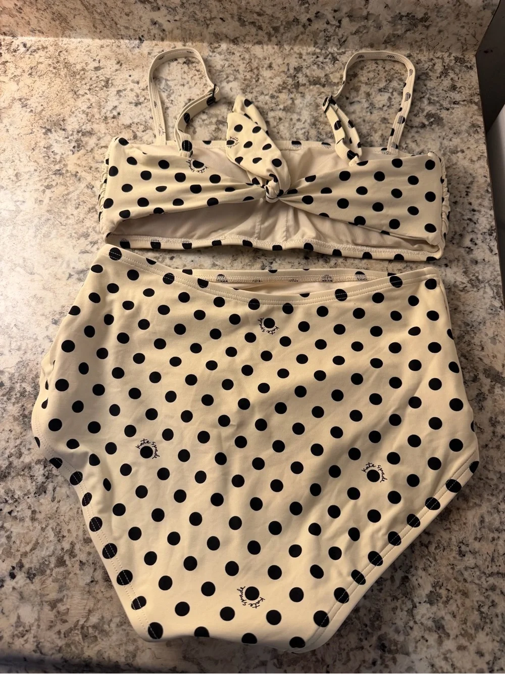kate spade Black Polka Dot Cream Bikini Set High Waisted Tie Back Cute Classy